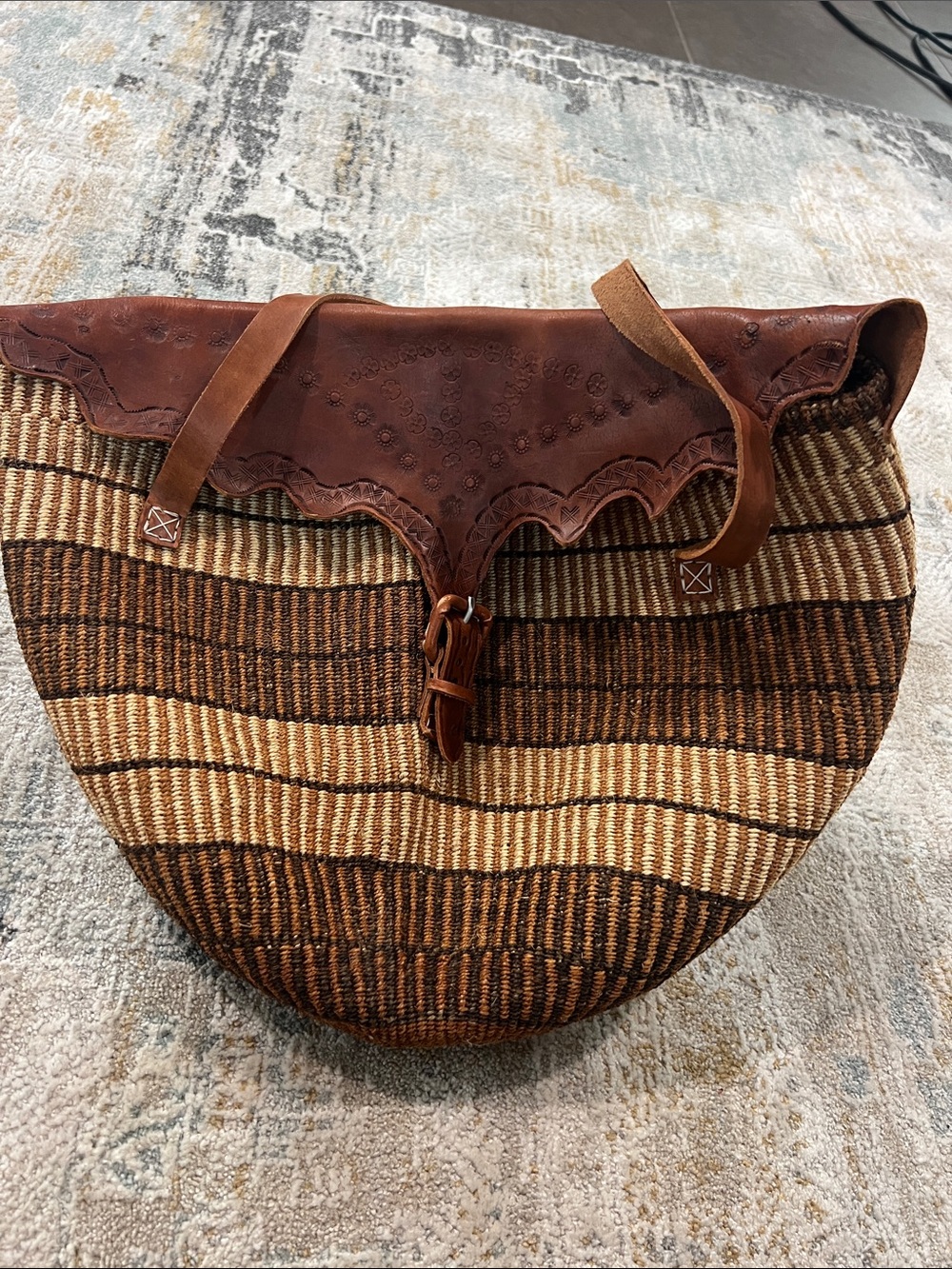 Handmade Sisal Bucket Bag Boho Leather  African z92